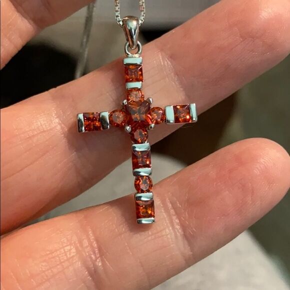 Sterling Silver Cross Necklace-Bole Orange CZ-18" Box Chain - Picture 1 of 8